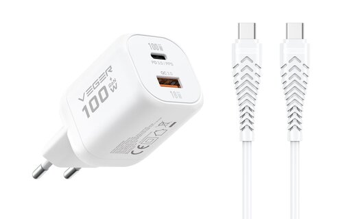 Veger snellader 100 Watt 2x USB Poort + USB-C Kabel 1,5m Nylon Wit