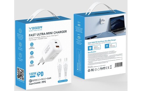 Veger snellader 100 Watt 2x USB Poort + USB-C Kabel 1,5m Nylon Wit