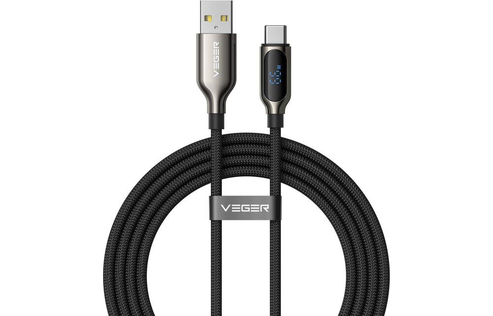 Veger AC1 USB-A naar USB-C kabel 1.2m Braided 66 Watt met display