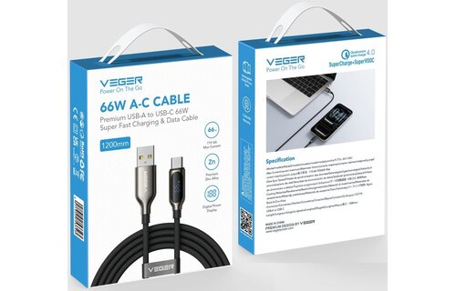 Veger AC1 USB-A naar USB-C kabel 1.2m Braided 66 Watt met display