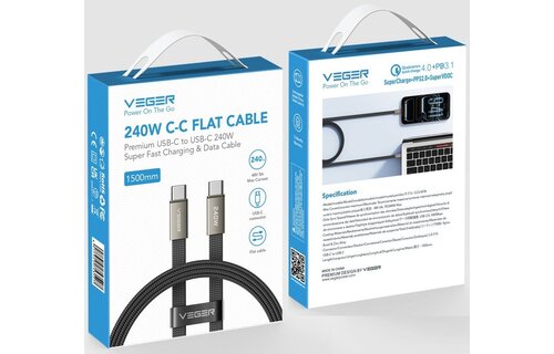 Veger CC2 USB-C naar USB-C kabel 1.5m Braided Flat 240 Watt
