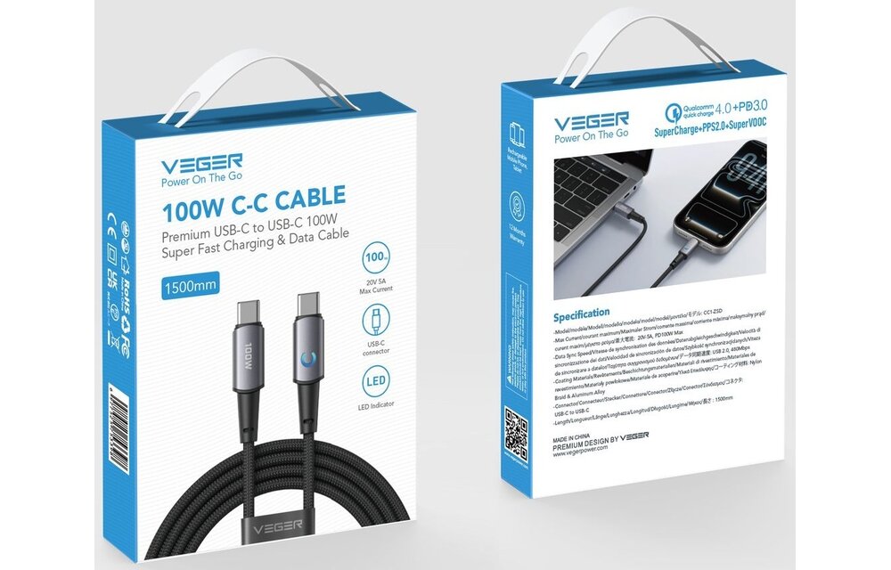 Veger CC1 USB-C naar USB-C kabel 1.5m Braided Aluminium 100 Watt