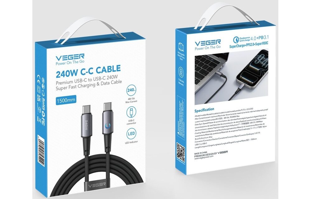 Veger CC2 USB-C naar USB-C kabel 1.5m Braided Aluminium 240 Watt