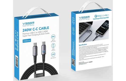 Veger CC2 USB-C naar USB-C kabel 1.5m Braided Aluminium 240 Watt
