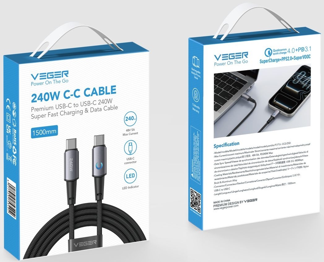 Veger CC2 USB-C naar USB-C kabel 1.5m Braided Aluminium 240 Watt