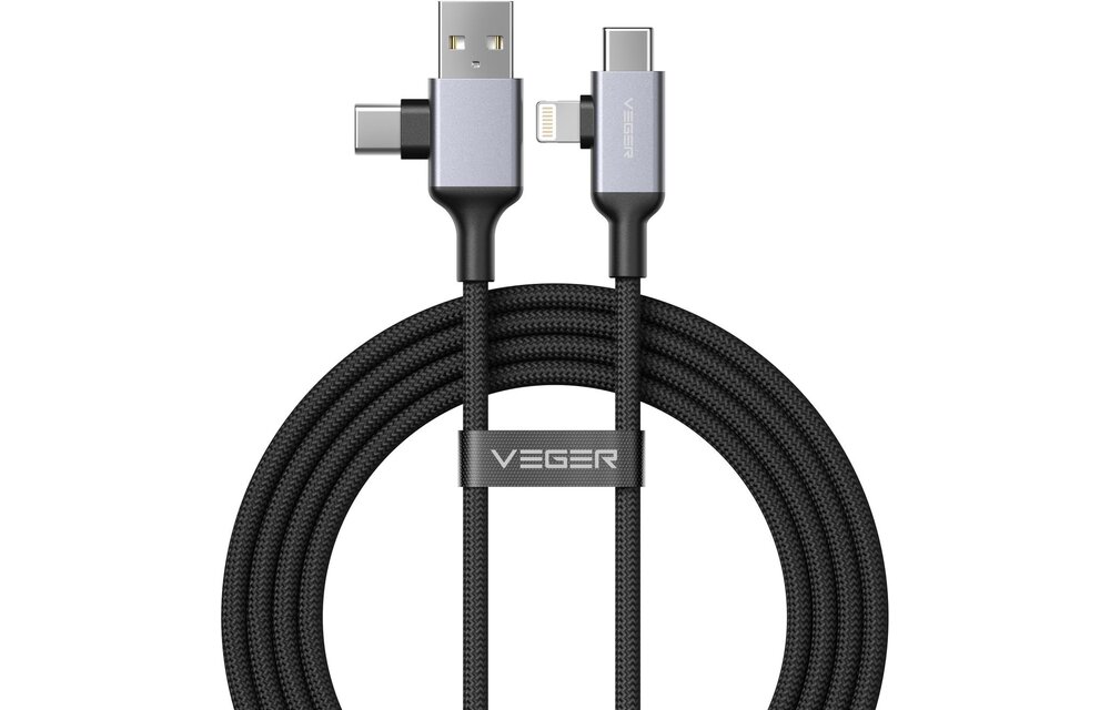 Veger V313 4 in 1 USB-A USB-C Lightning kabel 1.2m Braided Aluminium 60 Watt