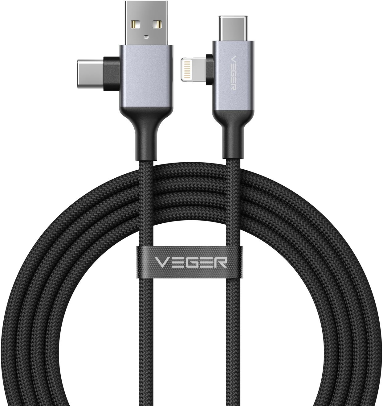 Veger V313 4 in 1 USB-A USB-C Lightning kabel 1.2m Braided Aluminium 60 Watt