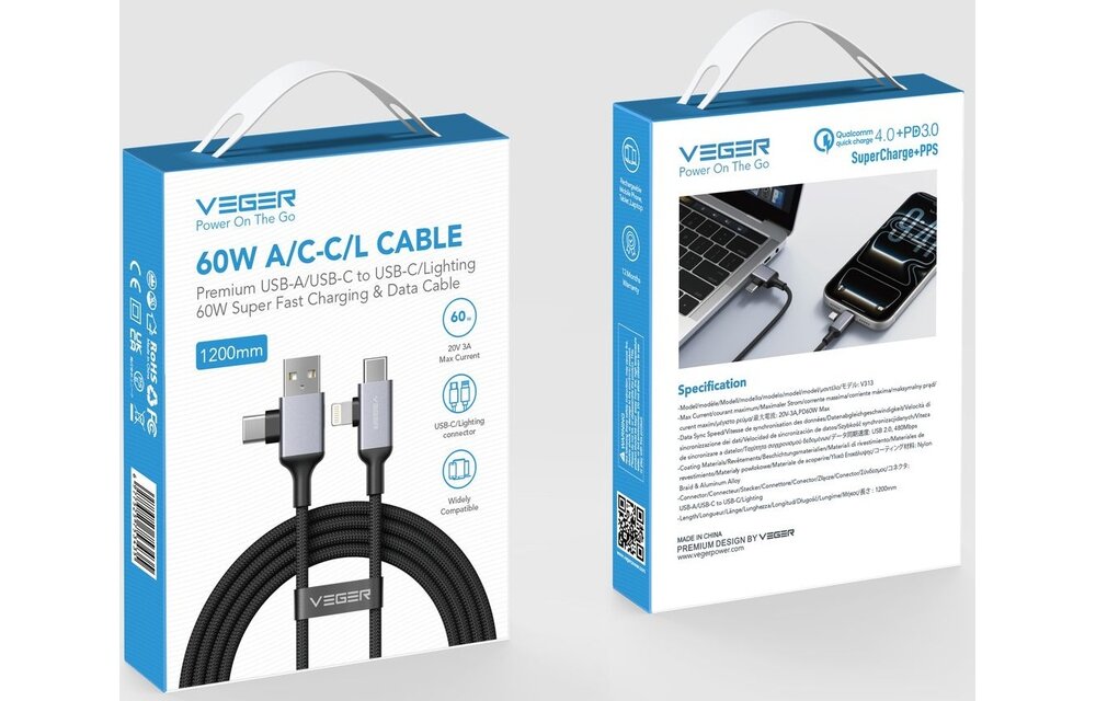 Veger V313 4 in 1 USB-A USB-C Lightning kabel 1.2m Braided Aluminium 60 Watt