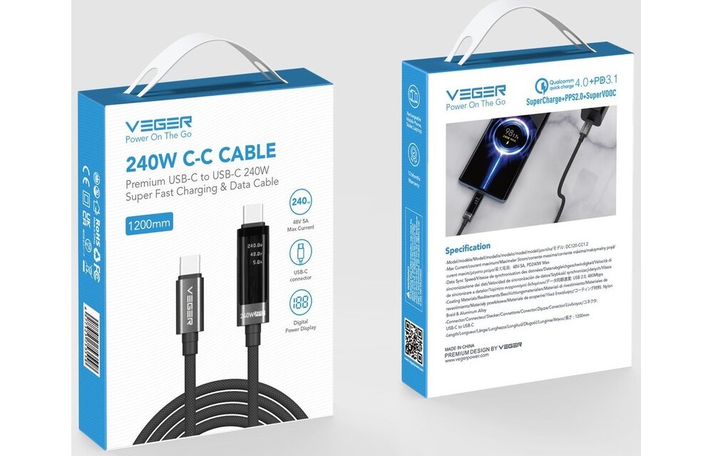 Veger DC120 USB-C naar USB-C kabel 1.5m Braided Aluminium 240 Watt met display