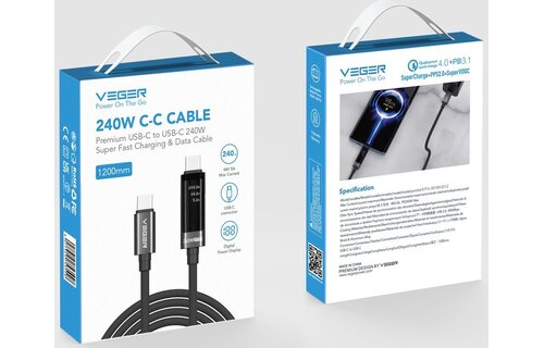 Veger DC120 USB-C naar USB-C kabel 1.5m Braided Aluminium 240 Watt met display