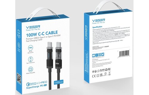 Veger CC16 USB-C naar USB-C kabel 1.5m Braided Aluminium 100 Watt met display