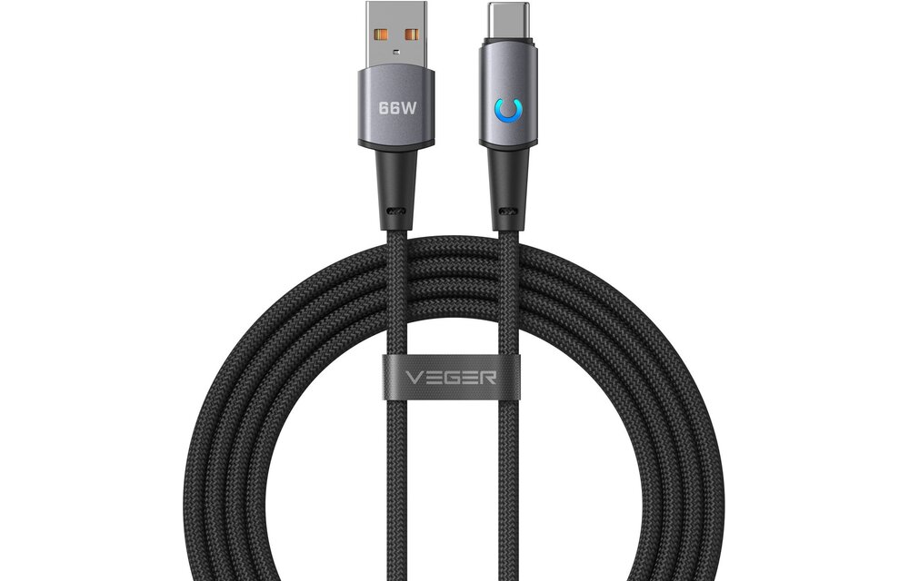 Veger AC1 USB-A naar USB-C kabel 1.2m Braided Aluminium 66 Watt