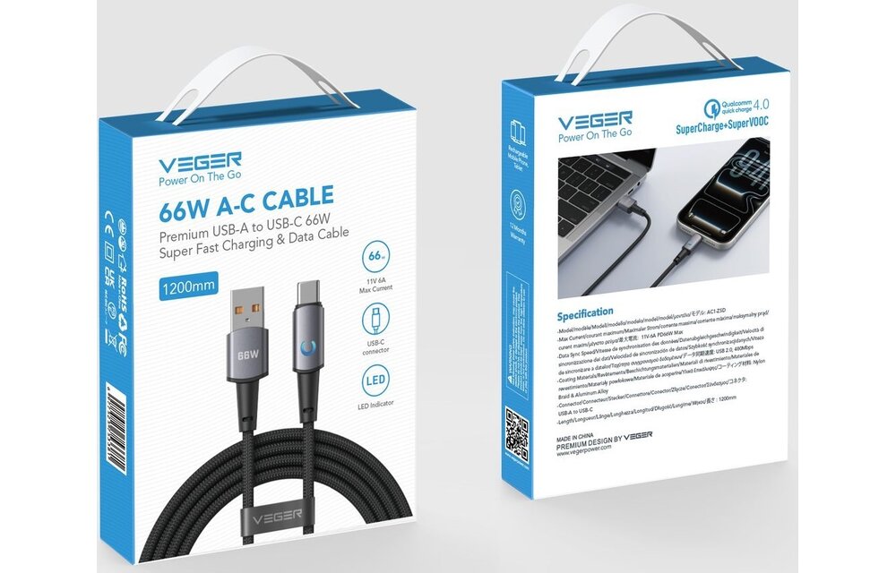 Veger AC1 USB-A naar USB-C kabel 1.2m Braided Aluminium 66 Watt