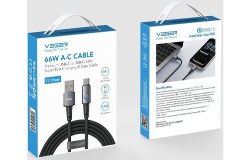 Veger AC1 USB-A naar USB-C kabel 1.2m Braided Aluminium 66 Watt