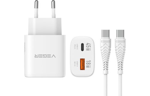 Veger snellader 45 Watt 2x USB Poort + USB-C Kabel 1,5m Nylon Wit