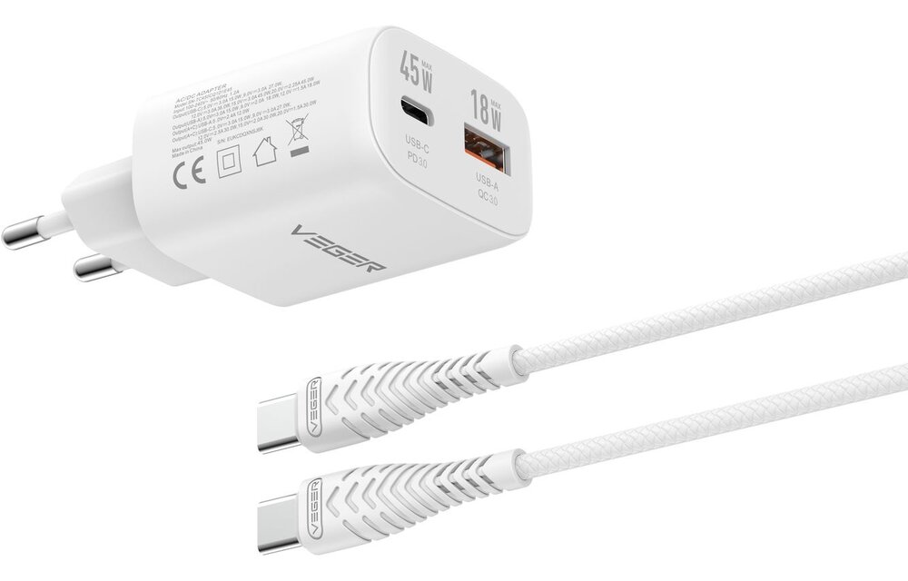 Veger snellader 45 Watt 2x USB Poort + USB-C Kabel 1,5m Nylon Wit