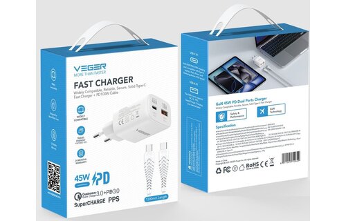 Veger snellader 45 Watt 2x USB Poort + USB-C Kabel 1,5m Nylon Wit