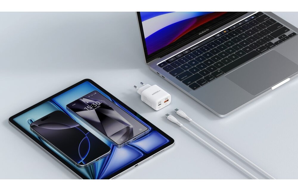 Veger snellader 45 Watt 2x USB Poort + USB-C Kabel 1,5m Nylon Wit