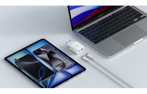 Veger snellader 45 Watt 2x USB Poort + USB-C Kabel 1,5m Nylon Wit