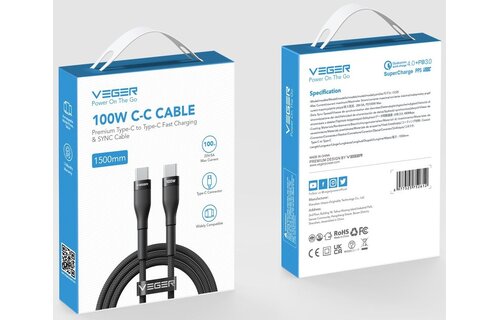 Veger CC05 USB-C naar USB-C kabel 1.5m Braided Aluminium 100Watt