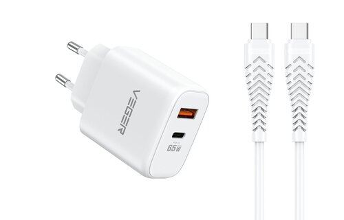 Veger snellader 65 Watt 2x USB Poort + USB-C Kabel 1,5m Nylon Wit