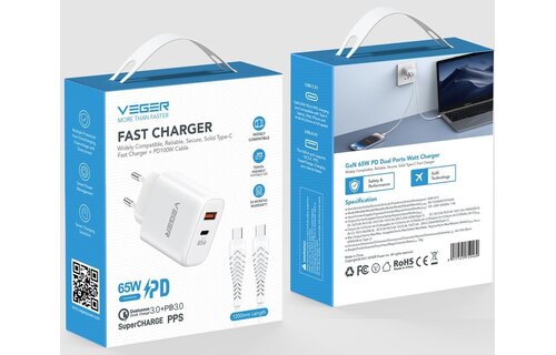 Veger snellader 65 Watt 2x USB Poort + USB-C Kabel 1,5m Nylon Wit