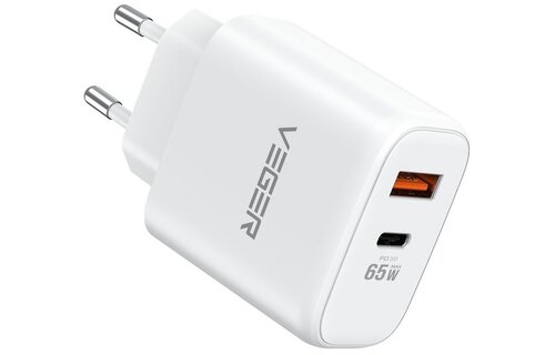 Veger snellader 65 Watt 2x USB Poort + USB-C Kabel 1,5m Nylon Wit