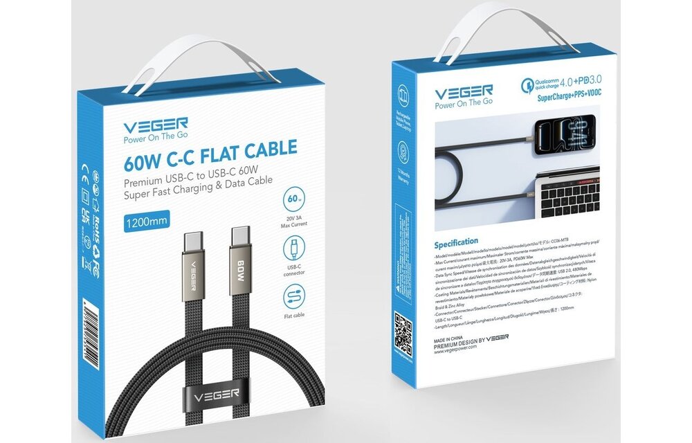 Veger CC06 USB-C naar USB-C kabel 1.2m Braided Flat 60 Watt
