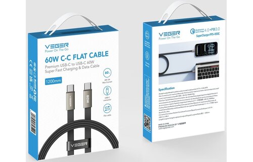 Veger CC06 USB-C naar USB-C kabel 1.2m Braided Flat 60 Watt