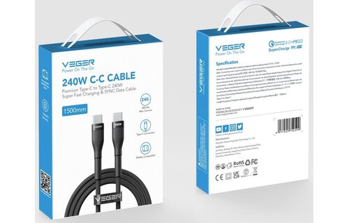 Veger CC03 USB-C naar USB-C kabel 1.5m Braided Aluminium 240 Watt