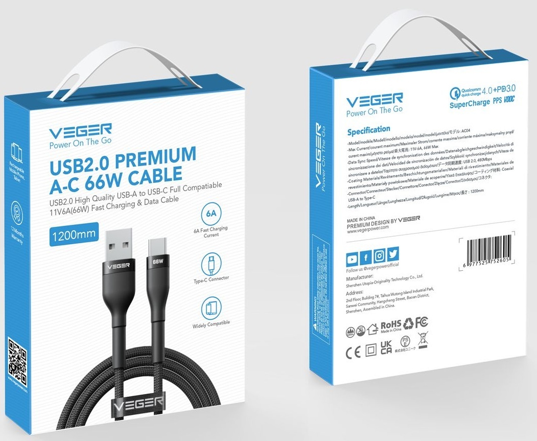 Veger AC04 USB-A naar USB-C kabel 1.2m Braided Aluminium 66 Watt