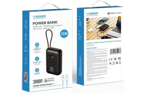 Veger K1 W1188 10.000 mAh Powerbank Zwart - Powerbank