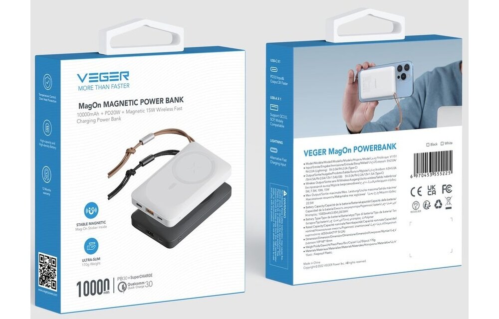 Veger MagOn W1151 10.000mAh Powerbank Zwart - Powerbank