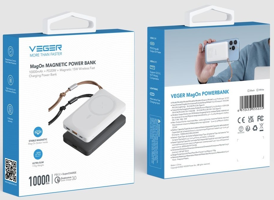 Veger MagOn W1151 10.000mAh Powerbank Zwart - Powerbank