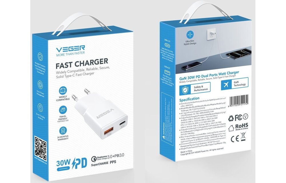 Veger USB-A naar USB-C QC PD 30W 30W1A1C telefoonoplader