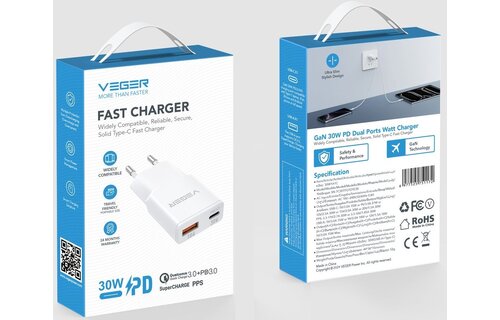Veger USB-A naar USB-C QC PD 30W 30W1A1C telefoonoplader
