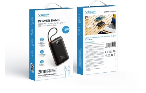 Veger K2 W2068 20.000 mAh Powerbank Zwart - Powerbank