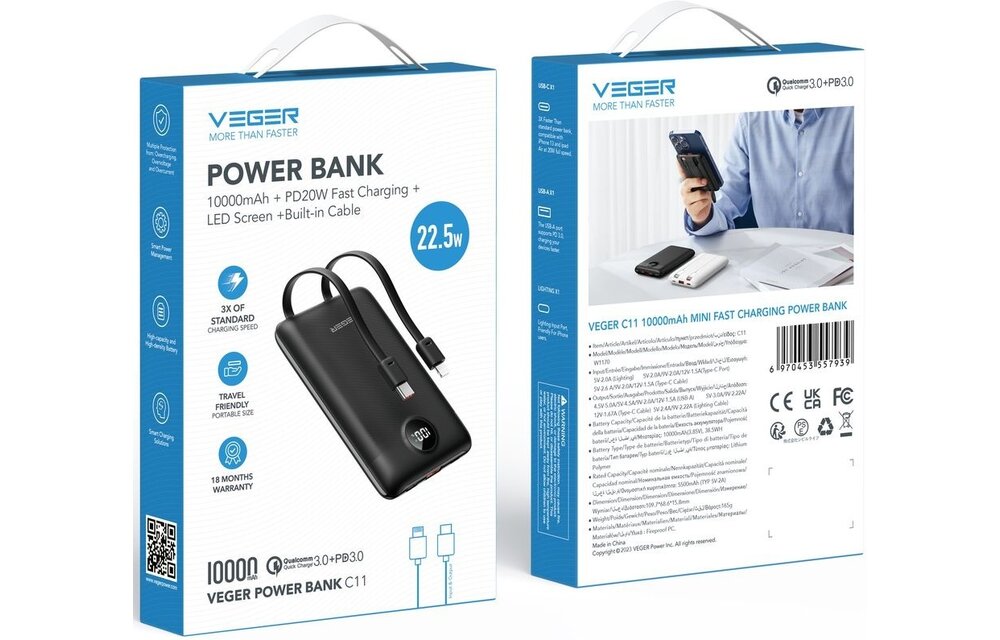 Veger C11 W1170 Mini Portable 10.000mAh Zwart - Powerbank