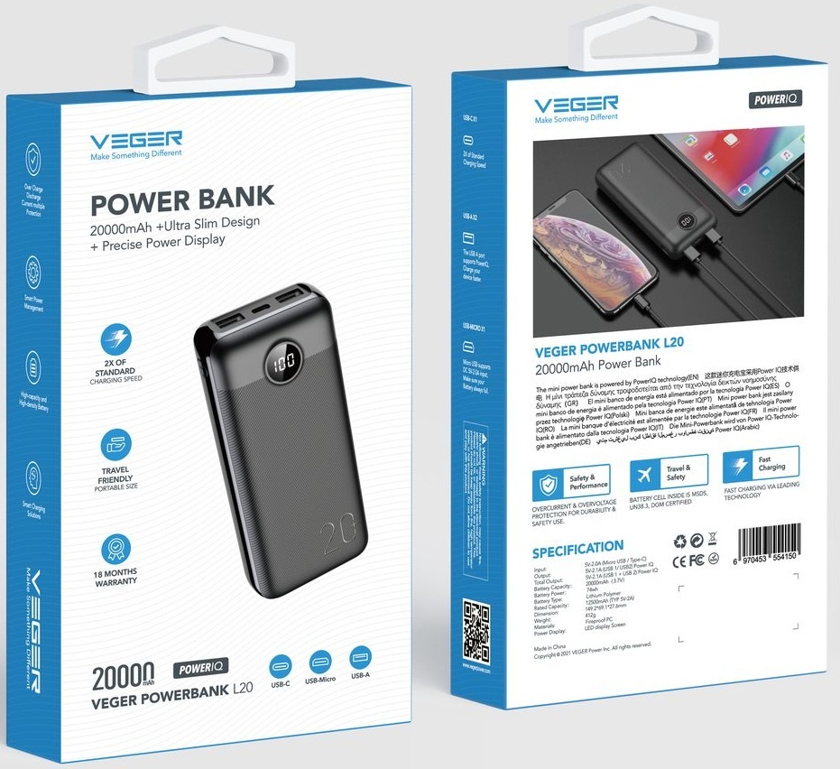 Veger L20S W2039PD 20.000 mAh Zwart - Powerbank