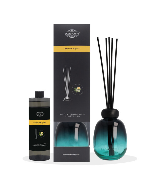 Scentchips® Gift set Reed diffuser Arabian Nights with gradiant ocean bottle