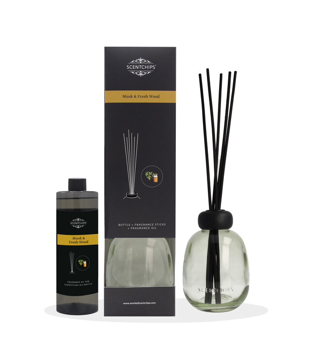 Scentchips® Coffret Diffuseur Bâtonnets Musk & Fresh Wood avec Flacon En Verre Vert - 400ml