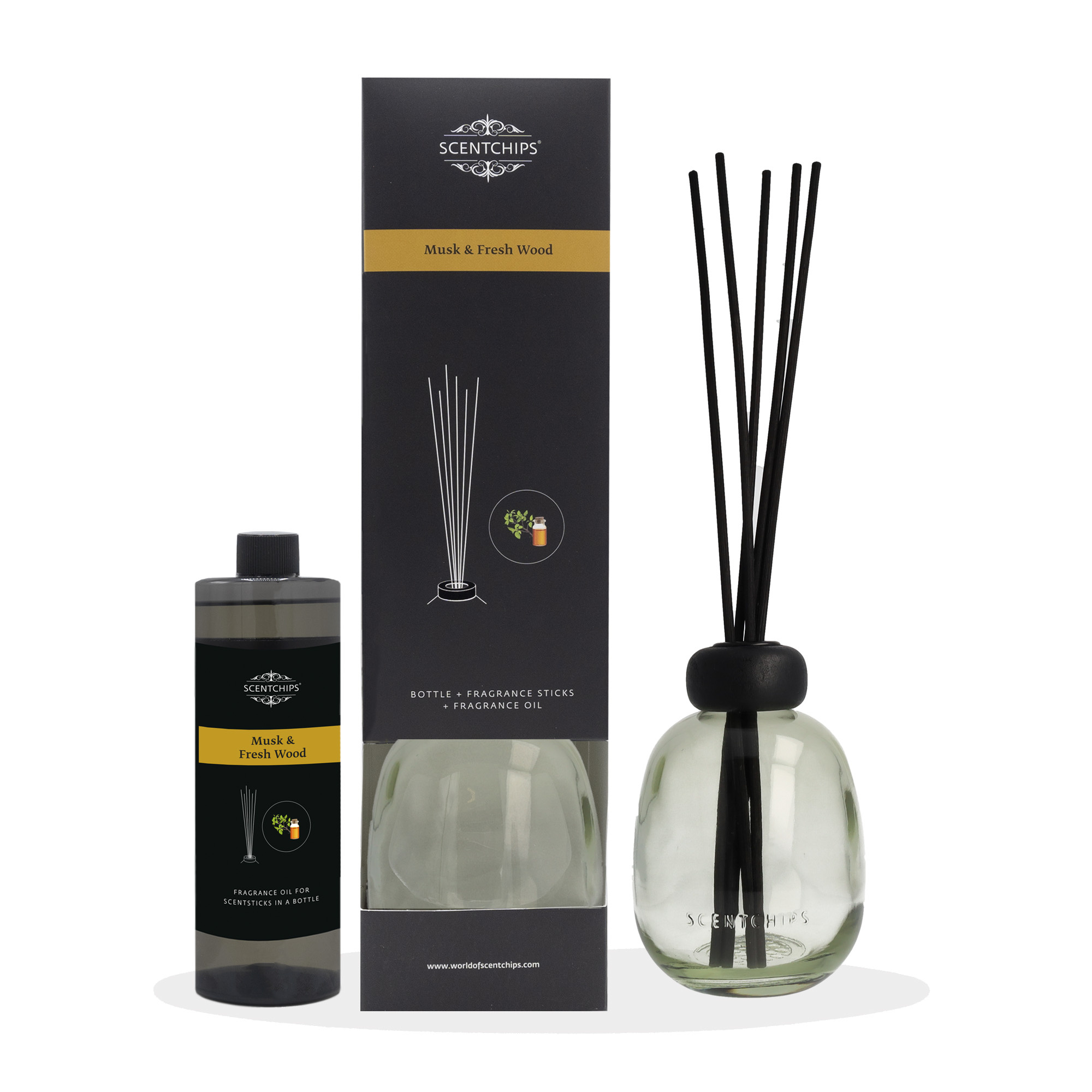 Scentchips® Gift set Reed diffuser Musk & Fresh Wood with green bottle