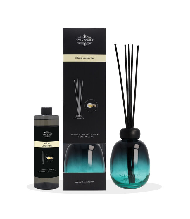 Scentchips® Gift set Reed diffuser White ginger tea with gradient ocean bottle