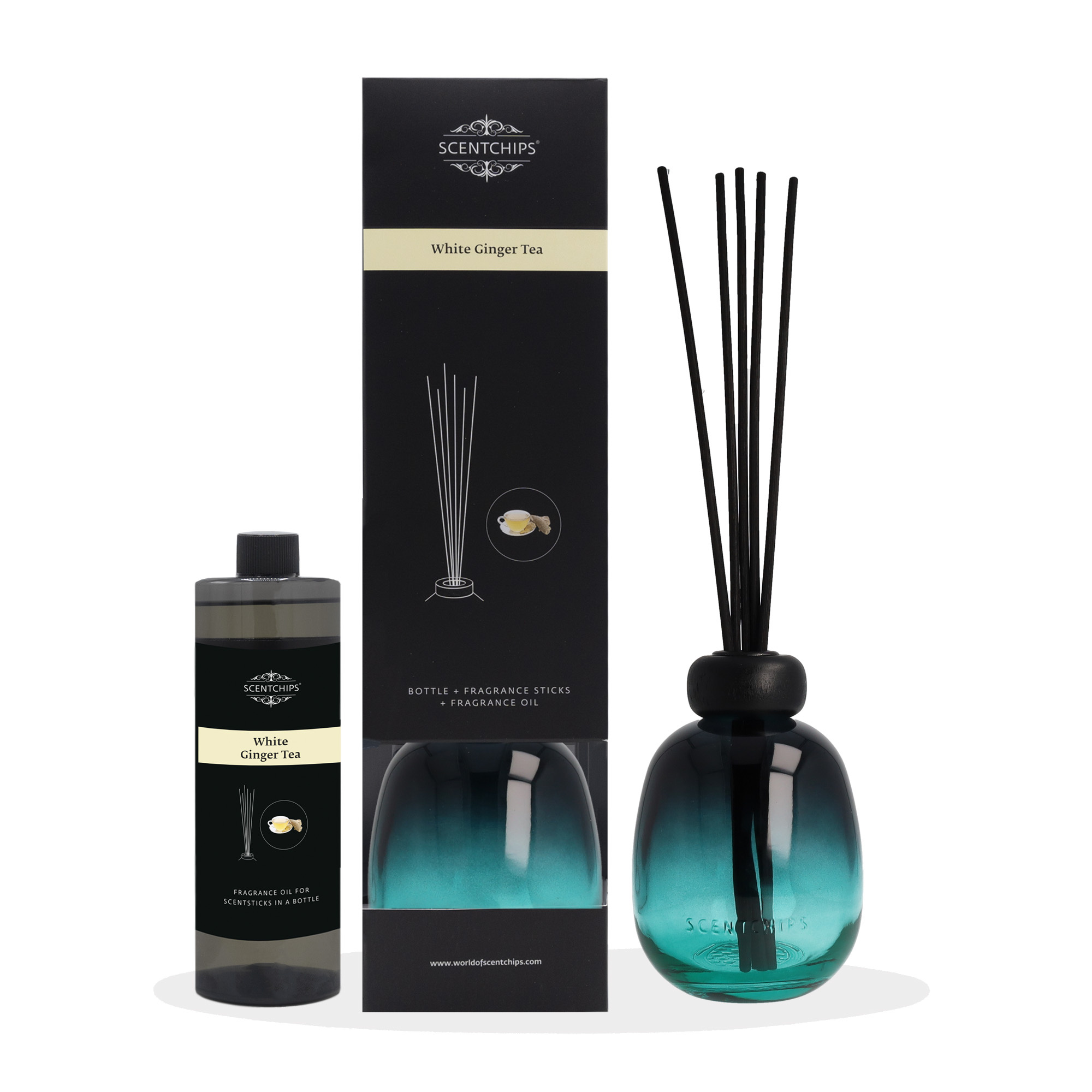 Scentchips® Gift set Reed diffuser White ginger tea with gradient ocean bottle