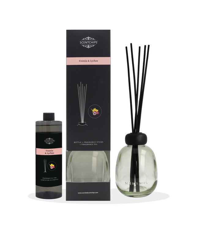 Scentchips® Coffret Diffuseur Bâtonnets Freesia & Lychee Avec Flacon Vert - 400ml