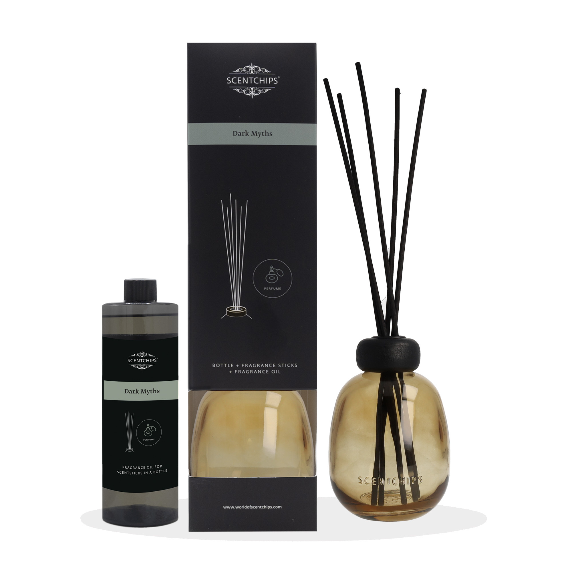 Scentchips® Gift set Reed diffuser Dark Myths with amber bottle