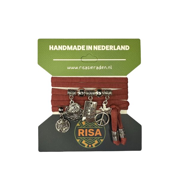 Risa Wikkelarmband Live Love Laugh rood bruin - Zilver | Risa