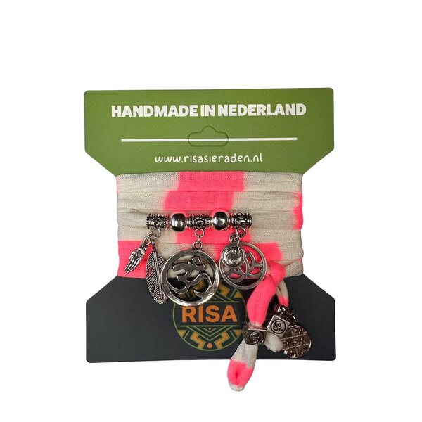 Risa Wikkelarmband Ohm Groot Wit-Neon Roze - Zilver | Risa