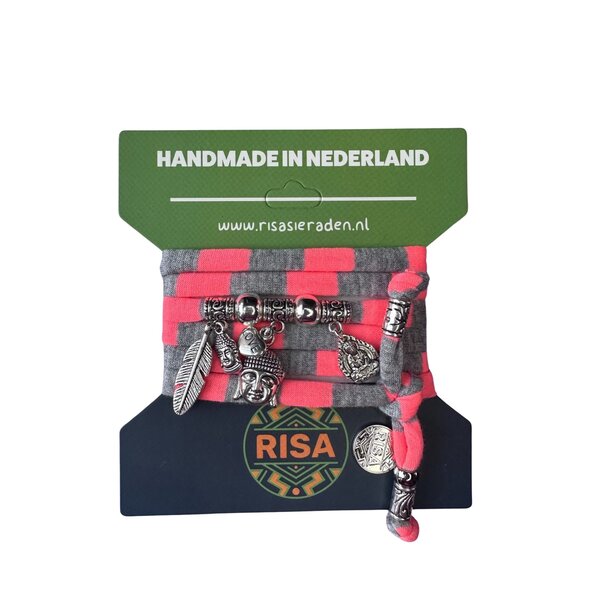 Risa Wikkelarmband Boeddha Love Grijs-Neon Roze - Zilver | Risa
