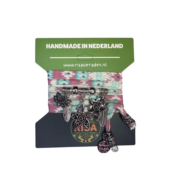 Risa Wikkelarmband Flower Turquoise-roze - Zilver | Risa